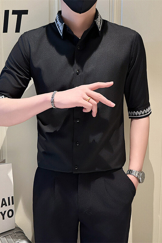 店主风社会小伙男绣花七分袖衬衫男潮流休闲衬衣301A-1/CS567/P55,男装衬衫,星座301A-1
