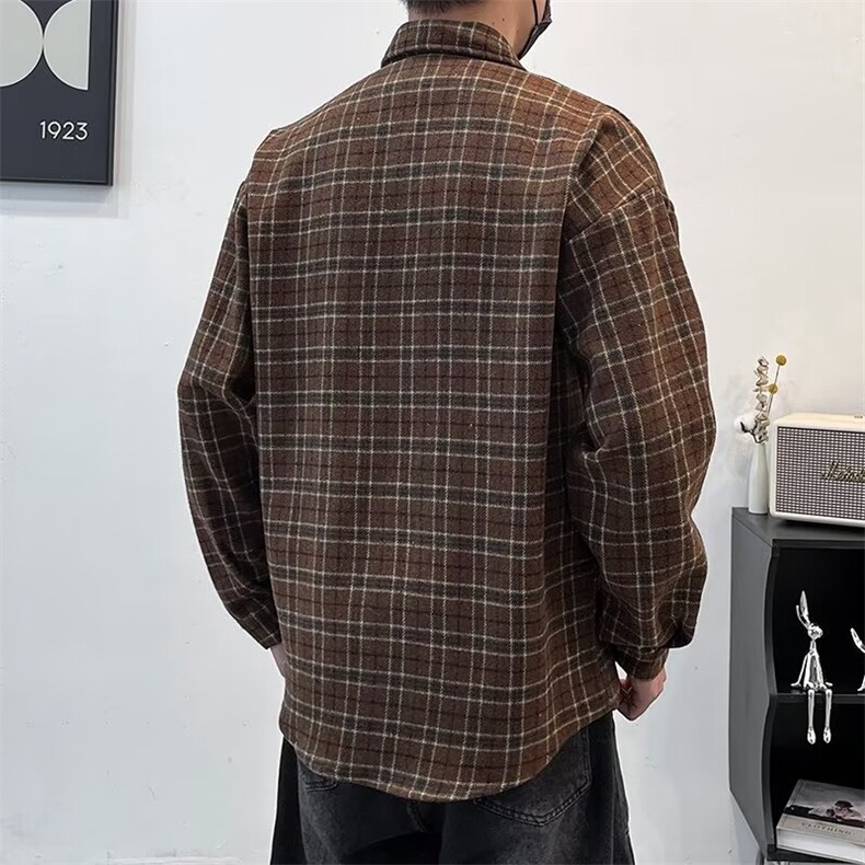 秋季复古宽松长袖衬衫男休闲学院风磨毛格子上衣外套,男装衬衫,星座410-7