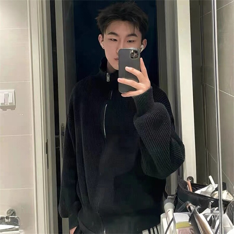 抖音得物保暖立领拉链针织外套秋冬宽松慵懒风纯色毛衣上衣AM02,男装针织衫/毛衣,电商A443
