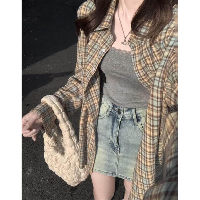 TC673-p45 韩系复古慵懒风格子衬衫女早秋新款宽松百搭上衣图片