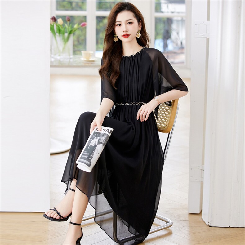杭州真丝裙子女夏2026新款气质优雅高端重工镶钻链条真丝连衣裙,女装连衣裙,阿舍尔精品