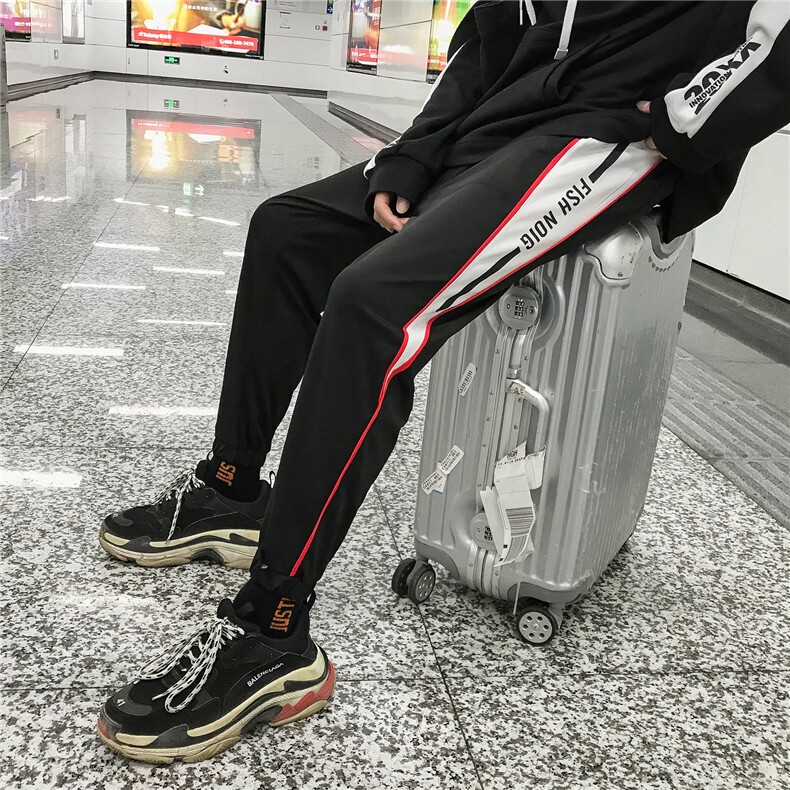 703港风男式休闲运动裤针织拼色印花束脚长裤,男装休闲裤,星座703