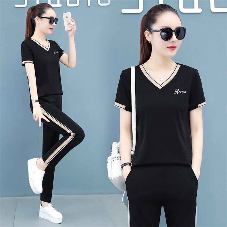 休闲运动套装女夏2023新款韩版时尚短袖七分裤两件套洋气跑步服潮,女装套装/套裙,燕颉服饰