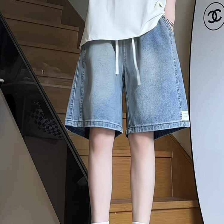 美式松紧腰牛仔短裤女2025新款夏季款宽松直筒显瘦五分裤中裤潮图片