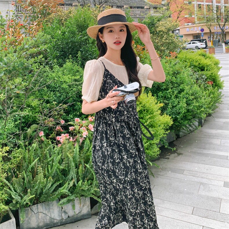 法式复古吊带连衣裙女夏季2025新款气质雪纺碎花长裙子，女装连衣裙，帛香坊