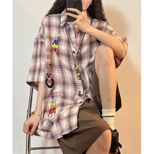 复古格子短袖衬衫女cleanfit刺绣小众设计感夏季百搭衬衣 CN621图片