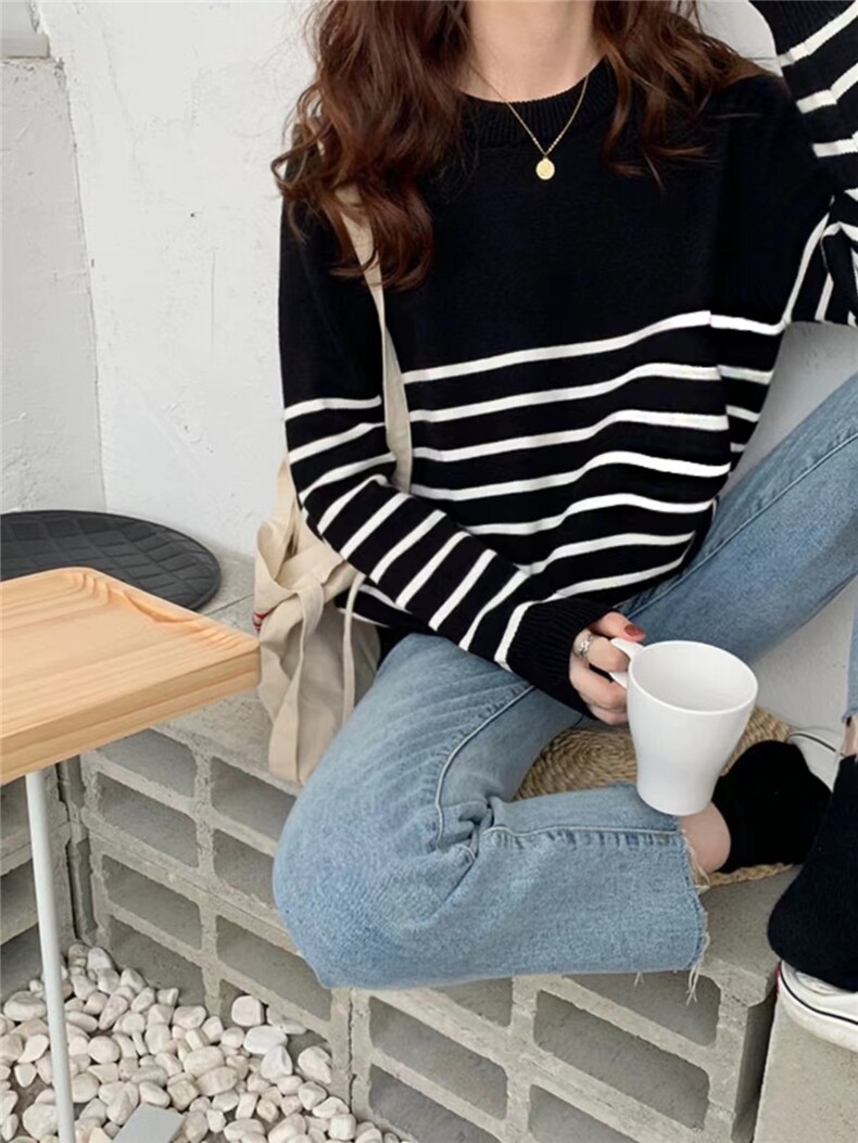 经典减龄薄款条纹针织衫女春秋宽松显瘦圆领毛衣羊毛打底衫，女装针织衫/毛衣，美莎羊绒