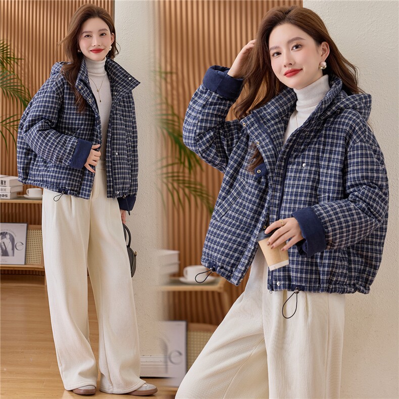 复古格子羽绒棉服女2025冬季新款短款保暖棉衣巨好看的夹棉厚外套,女装棉衣/棉服,涵誉