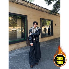 现货冬季美式潮牌痞帅PU皮机车服棉衣毛毛绒狼王座山雕皮棉服，男装棉衣，电商A443