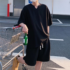 2026夏V领短袖冰丝T恤套装大码男纹理提花半袖TZ5677/特P45黑2，男装休闲套装，电商A094