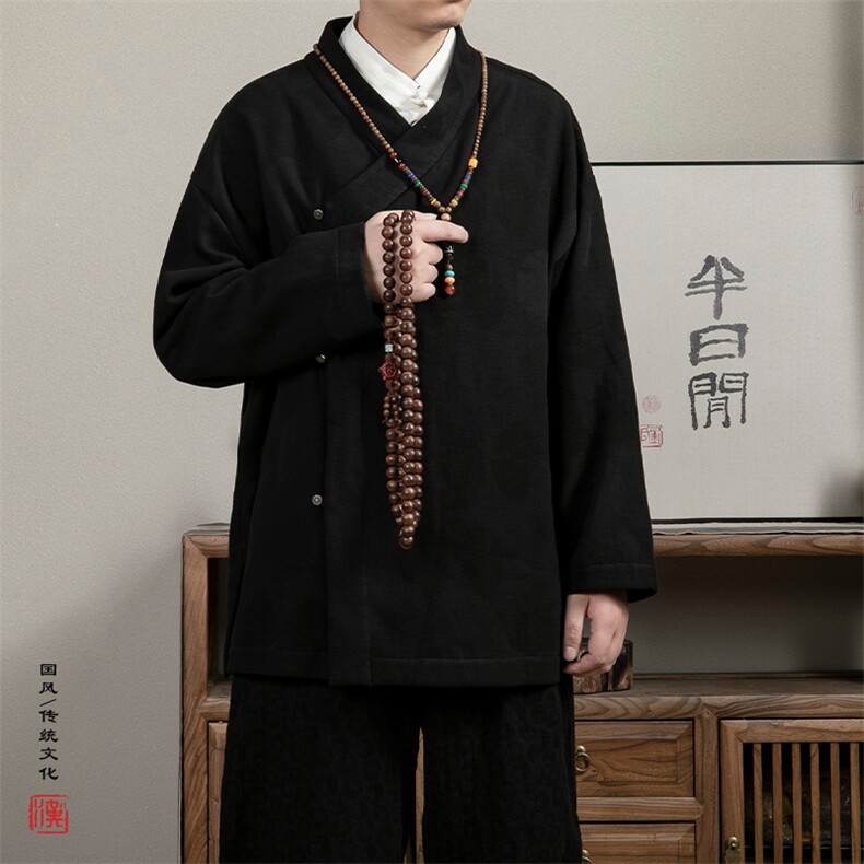 新款风男装加绒加厚棉麻提花改良斜襟汉服男士道袍X15P90,男装民族服装,钱塘802