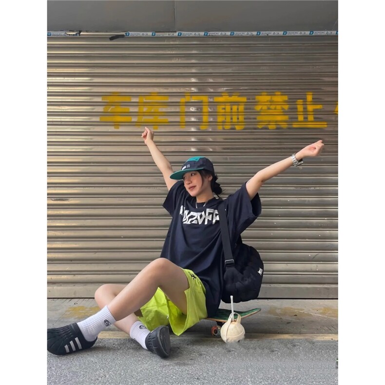 美式荧光绿速干不过膝休闲短裤男女ins潮牌嘻哈薄款宽松运动五分,男装牛仔裤,星座506A
