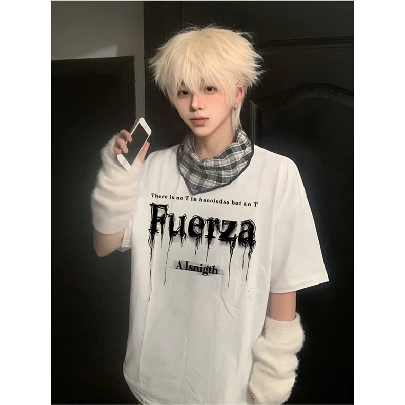 抖音得物供货210克现货宽松纯棉美式潮牌印花落肩袖纯棉T恤AT2161,男装T恤,电商A443