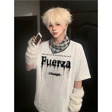 抖音得物供货210克现货宽松纯棉美式潮牌印花落肩袖纯棉T恤AT2161，男装T恤，电商A443