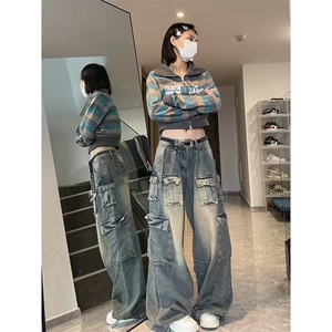 美式口袋工装时髦牛仔裤女2025春夏水洗做旧超酷百搭直筒长裤子图片