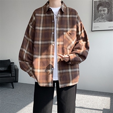 衬衫男春季新款港风宽松大码磨毛格子长袖衬衣CS2018-P35，男装衬衫，星座214-3