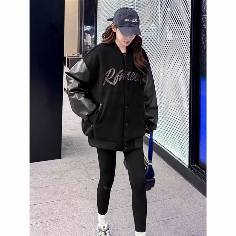 美式重磅毛呢拼接棒球服男春秋刺绣宽松休闲个性情侣夹克棉服外套,男装夹克,星座506A