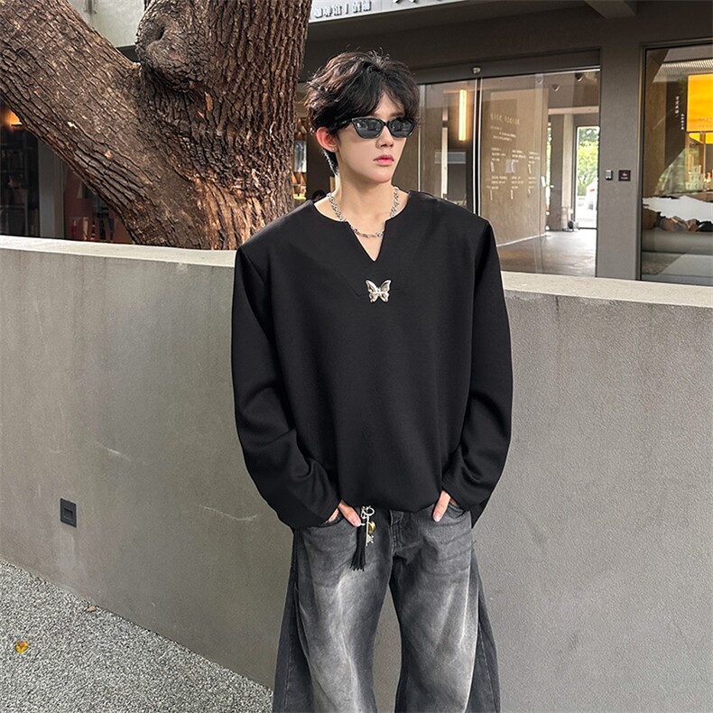 现货小V领个性蝴蝶金属装饰简约美式潮男长袖T恤A071-3303-P48,男装T恤,电商A071