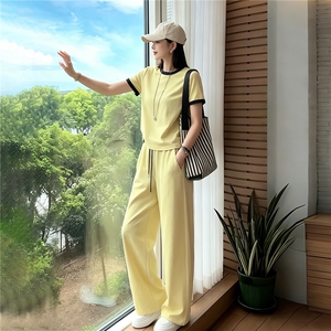 女夏季新款时尚运动套装宽松显瘦圆领拼接短袖上衣阔腿长裤两件套图片