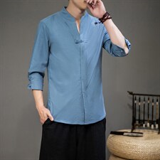 夏季大码风棉麻七分短袖衬衫民族风中式复古盘扣唐装C38/P55，男装衬衫，钱塘713
