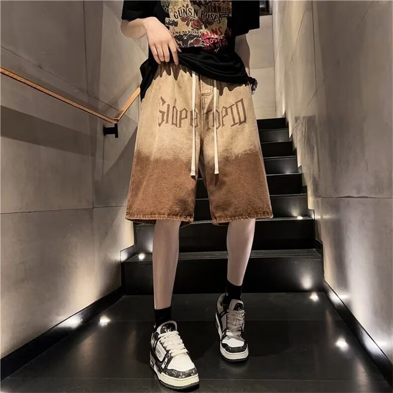 美式高街牛仔短裤男韩版潮字母渐变色2023夏季ins五分裤RK706-P41,男装牛仔裤,星座412-3