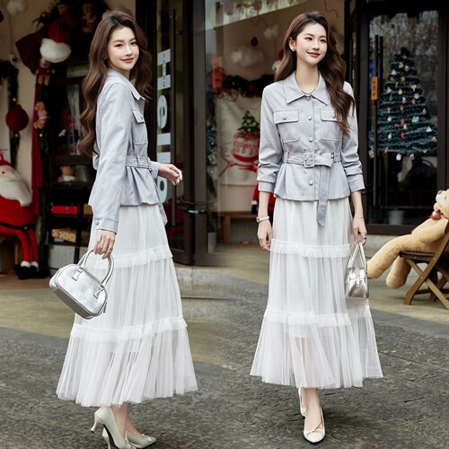 现货2026年春季新款女时尚潮流优雅风小外套皮衣蕾丝半身裙两件套，女装套装/套裙，奋斗女王