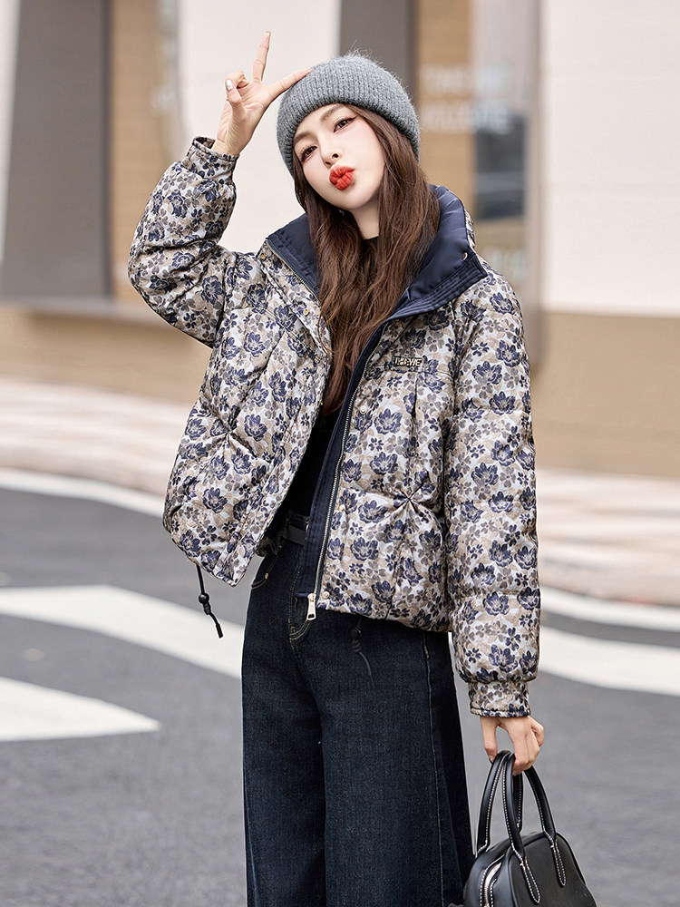 短款羽绒服女2024冬季新款小个子高端洋气设计感欧货碎花厚面包服,女装羽绒服,艾尚靓装