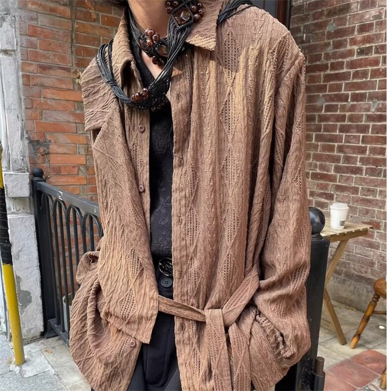 日系复古提花衬衫女长袖时尚设计感镂空上衣夏季宽松潮流痞帅衬衣,男装衬衫,星座506A