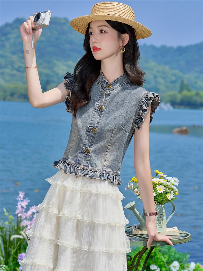 （新款现货）2026夏装时尚薄牛仔小飞袖上衣+蛋糕超仙纱裙两件套,女装套装/套裙,印象茜