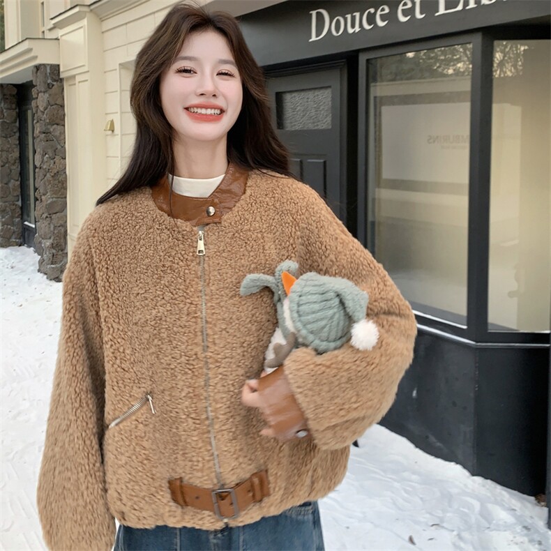 PU皮拼接羊羔毛外套女短款2025冬季新款宽松加厚小个子毛毛上衣潮,女装短外套,2C253