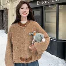 PU皮拼接羊羔毛外套女短款2025冬季新款宽松加厚小个子毛毛上衣潮，女装短外套，2C253