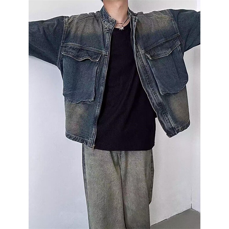 秋季渐变水洗口袋牛仔夹克男女短款宽松立领情侣外套J2201,男装工装外套,星座1116A（原606A-3）