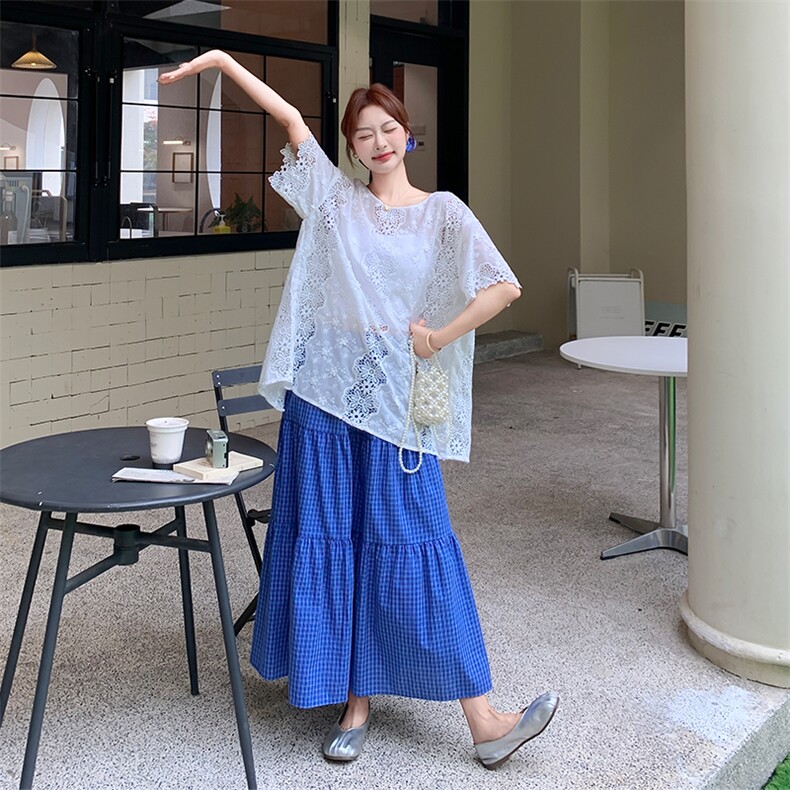 后背开叉蕾丝T恤格子半身裙套装女夏巨好看松驰感两件套爆款减龄,女装套装/套裙,欧黛芙妮