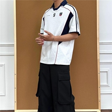 美式复古拼接设计字母刺绣运动风男女宽松polo领短袖T恤LY811-P42，男装T恤，星座1008