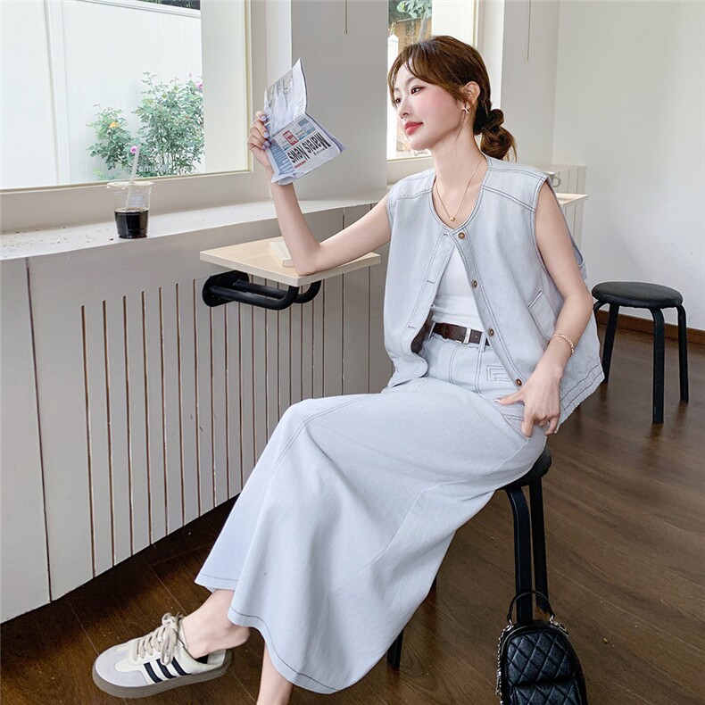 休闲气质牛仔马甲半身裙套装女夏2025新款大方得体ootd穿搭两件套,女装套装/套裙,2C176