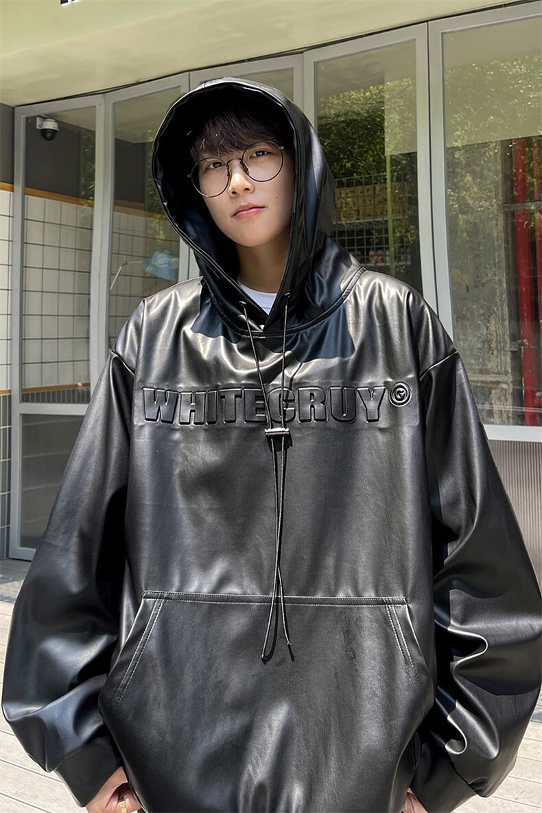 港风秋装潮美式复古压印立体情侣卫衣PU皮衣外套男女G1066P78,男装皮衣,电商A339