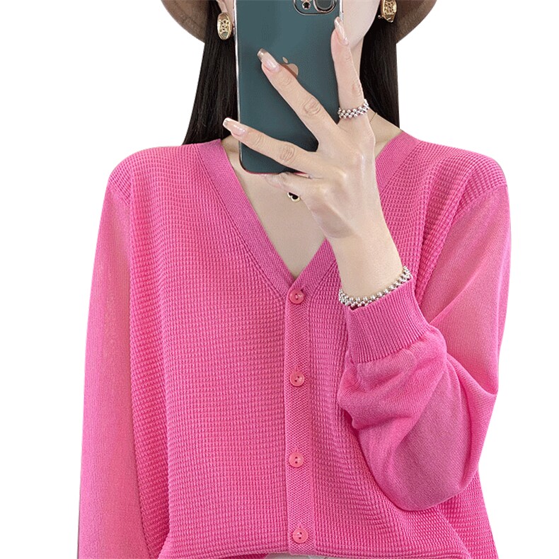 冰丝纯色V领针织长袖防晒衣女外套薄款配裙子外搭简约空调罩衫潮,针织衫/毛衣,秋虹羊绒