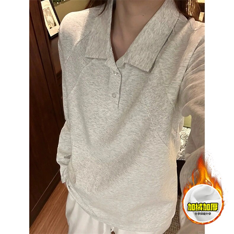抖音得物高品质美式高街重磅曼巴棉结构螺纹拼接翻领卫衣长袖T恤图片
