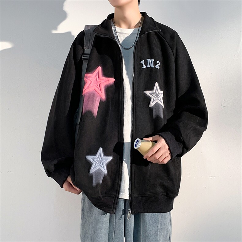 J6618P68光影墙抖音高品质彩色星星印花麂皮绒翻领夹克外套,男装夹克,电商A026-1
