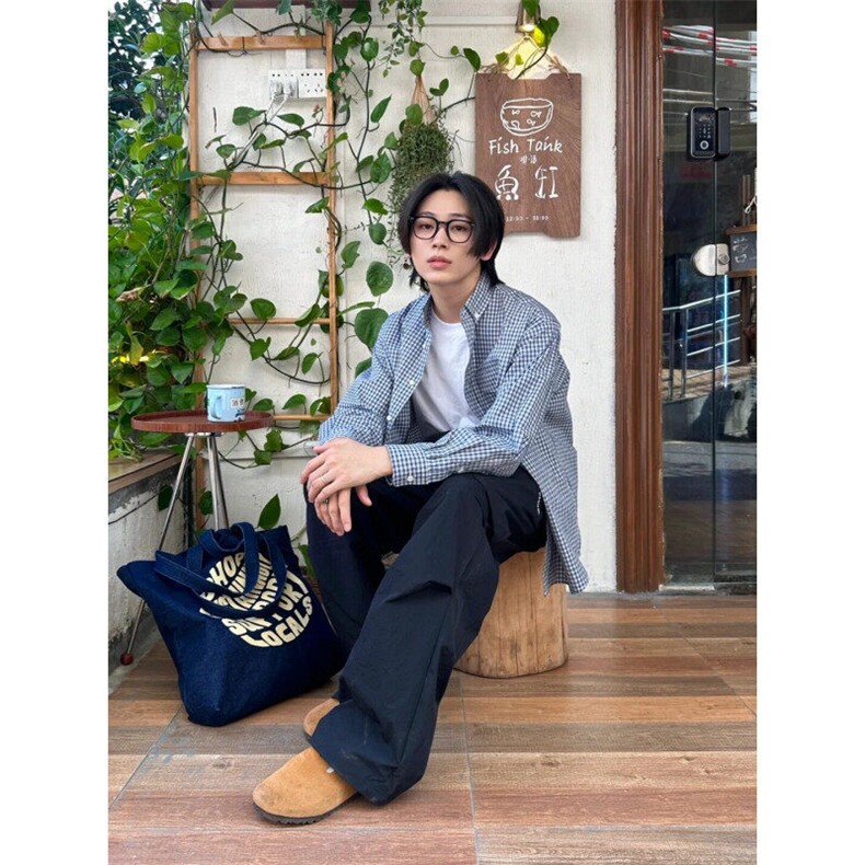 CSD88LL-P48美式复古蓝白格子衬衫男设计感小众长袖衬衣,男装衬衫,星座1007（原301D）
