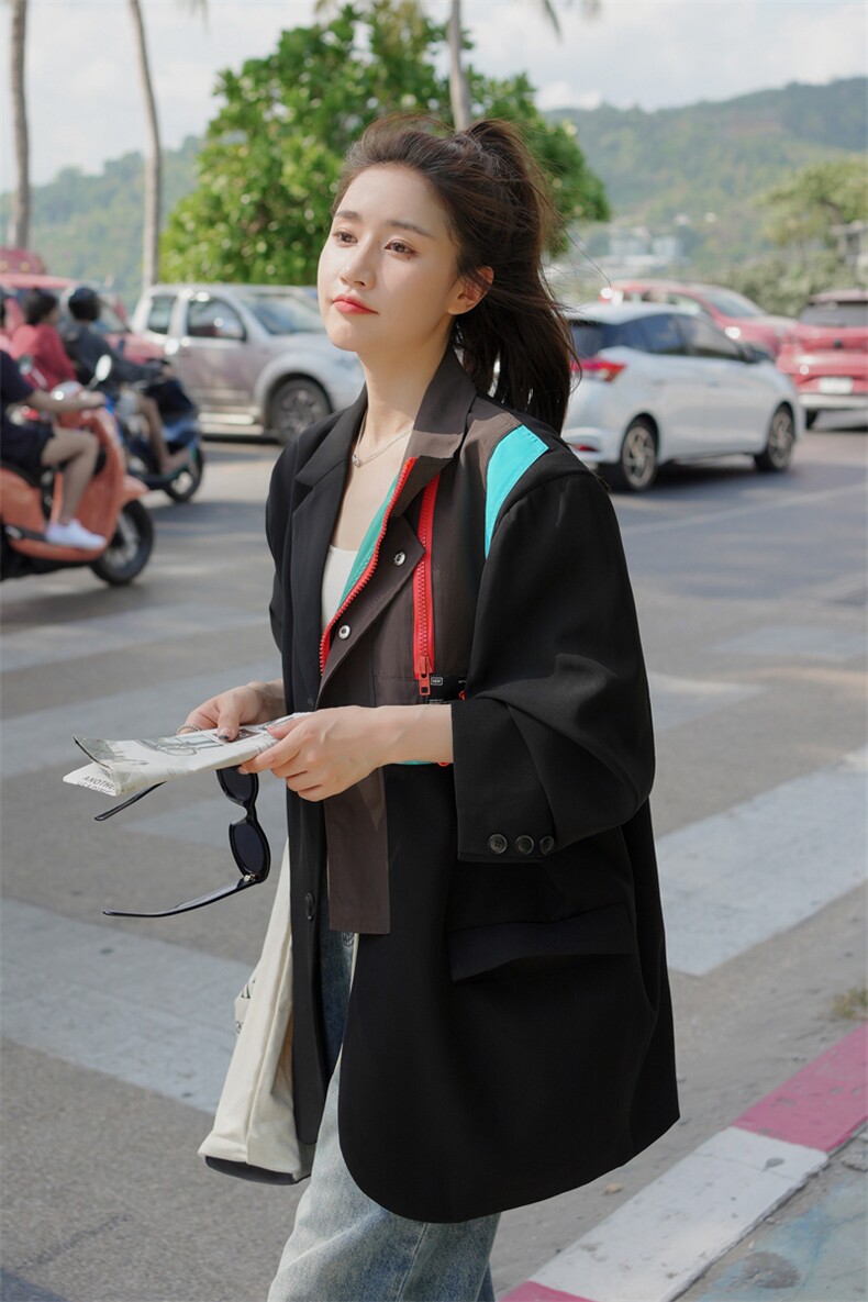 年秋季时尚设计感小众撞色宽松西服黑色休闲减龄外套,女装西装,帛香坊