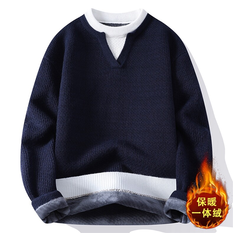 复古拼接假两件毛衣男加绒加厚保暖宽松针织衫ZB6012JR-特价P60,男装针织衫/毛衣,电商A007