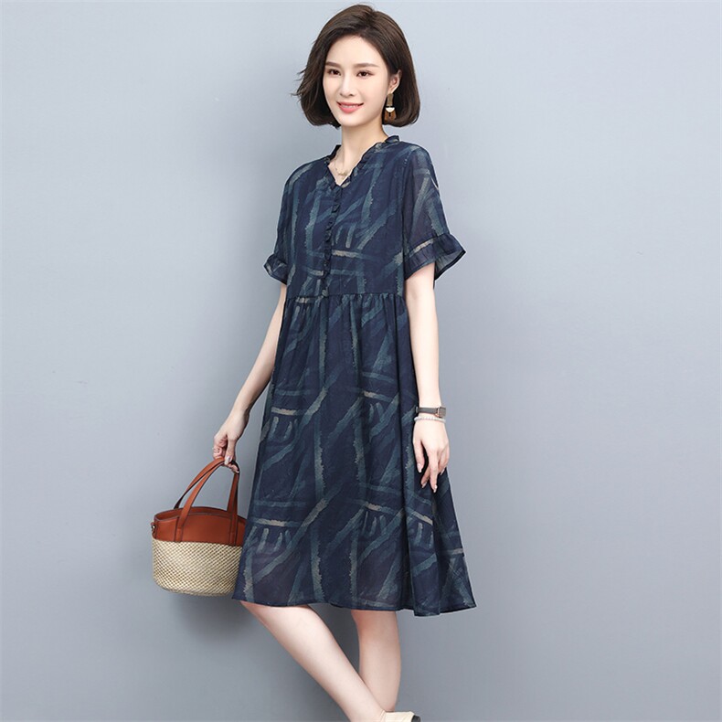 雪纺连衣裙女夏2024新款中年妈妈宽松显瘦大码中长款休闲a字裙子,女装连衣裙,忆绮罗
