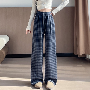 休闲直筒高腰复古格子裤女宽松抽绳阔腿慵懒风加长阔腿裤图片