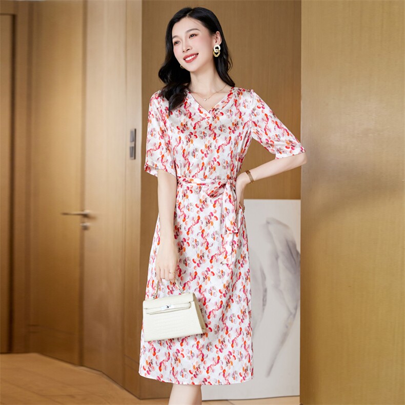 假两件碎花真丝连衣裙女夏季短袖郁金香印花桑蚕丝荷叶边裙子气质,女装连衣裙,阿舍尔精品