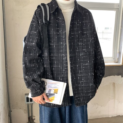 加厚格子衬衫男士潮流宽松高街潮牌秋季呢料休闲衬衣外套DX129P60，男装衬衫，电商B413-1