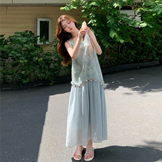 绝美漂亮无袖拼接背心连衣裙女夏2025新款湖绿色流行爆款少女长裙，女装连衣裙，韩蜜菓