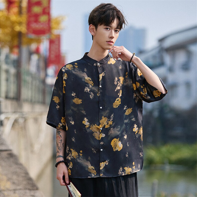 新中式提花风潮T恤短袖上衣立领衬衫时尚百搭T2501-P58,男装T恤,电商A227