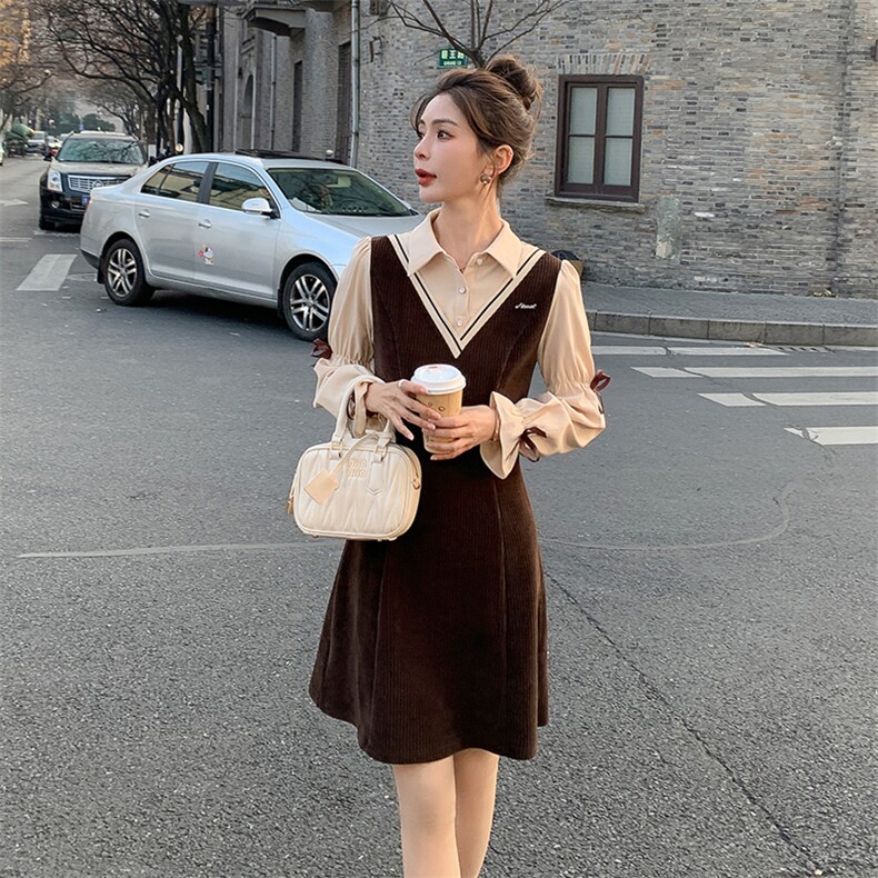 《48H发》时尚可爱气质减龄假两件衬衫V领连衣裙,女装连衣裙,辰辰家