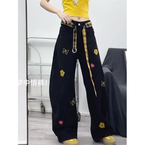 配腰带~刺绣设计感卡通牛仔裤男女2025情侣款宽松直筒休闲裤N8444图片